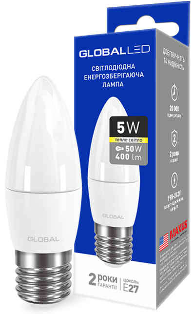 

Лампа GLOBAL C37 CL-F 5W 3000K 400Lm 220V E27 AP