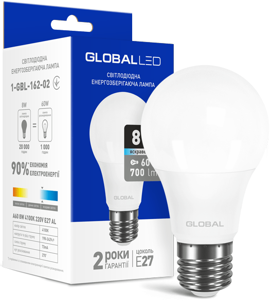 

Лампа GLOBAL A60 8W 4100K 700Lm 220V E27 AL