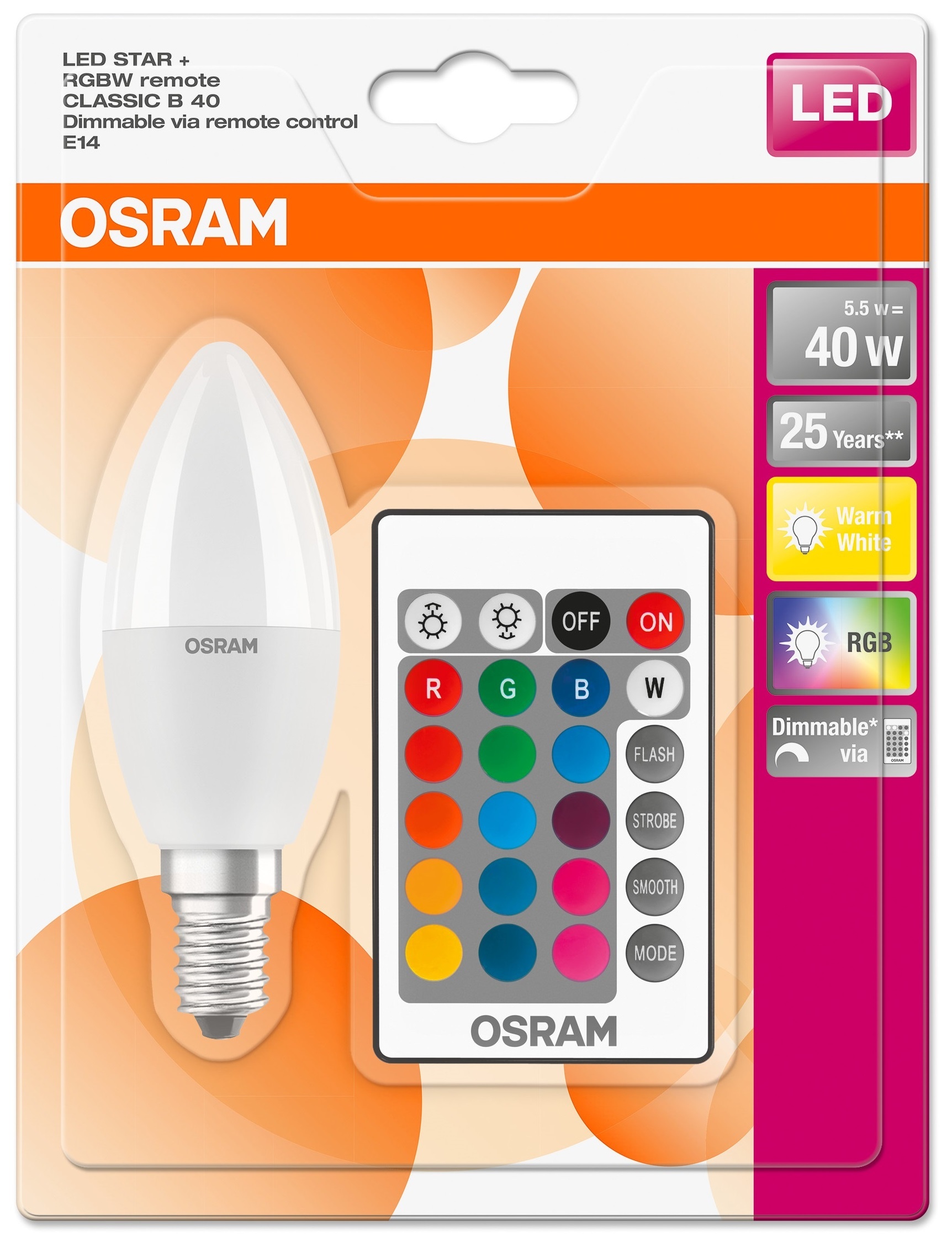 

Лампа OSRAM Star LED С37 Е14 5,5W 470Lm RGB+пульт
