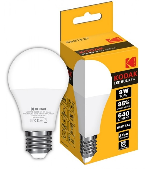 

Лампа KODAK A60 E27 8W 220V 4100K дневного света