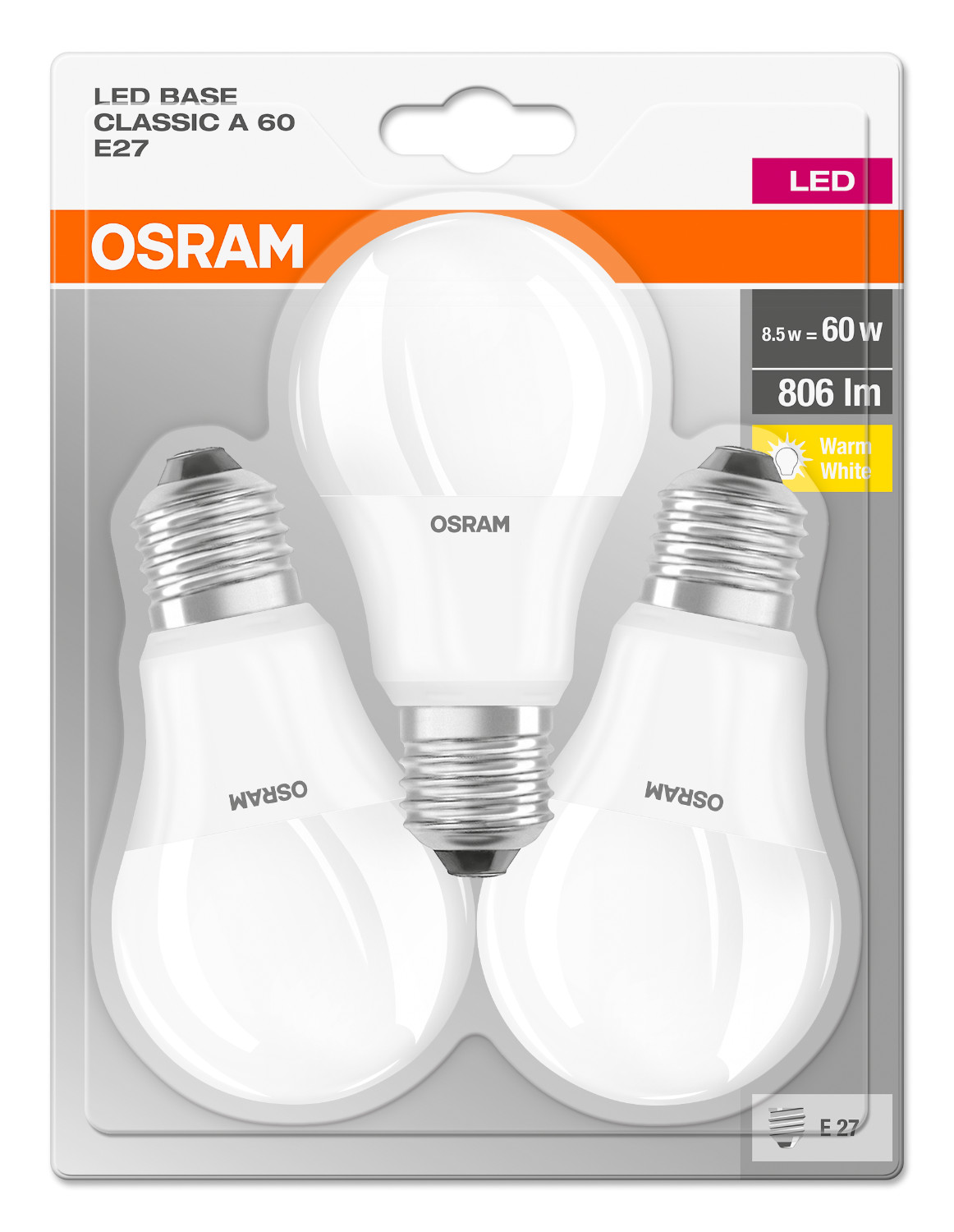 Набір ламп OSRAM BASE A60 8,5W 2700К E27 3 шт. тепл. в Києві