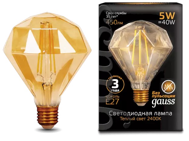 Лампа Gauss Filament Diamond 5W 450lm 2400К Е27 golden LED (147802005) в Києві
