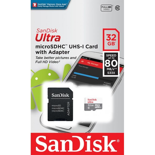 

Карта памяти SanDisk 32GB microSDHC C10 UHS-I R80MB/s Ultra + SD