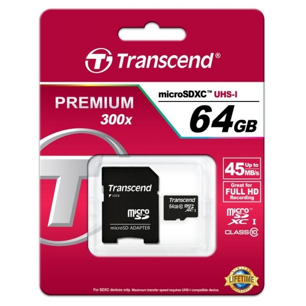 

Карта памяти Transcend microSDXC 64Gb class 10 + SD adapter (TS64GUSDXC10)