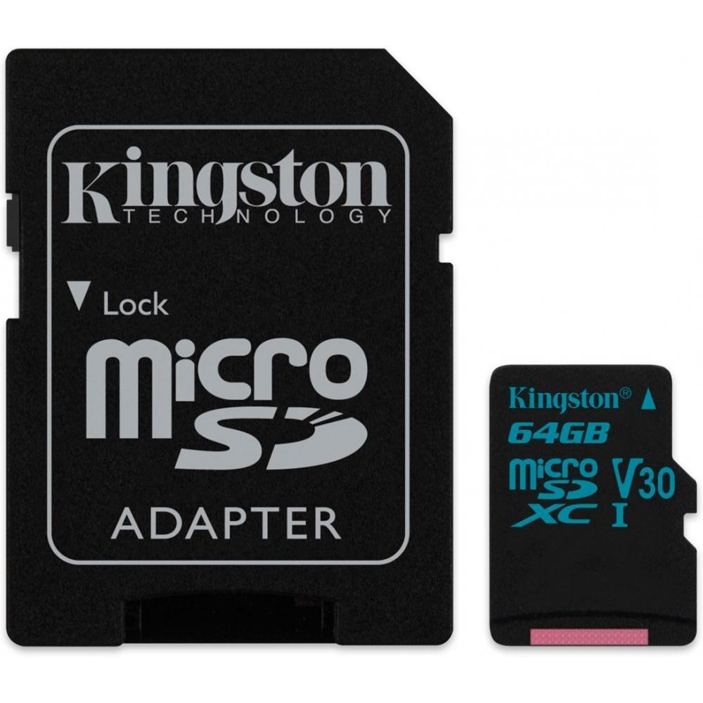 

Карта памяти Kingston 64GB microSDXC C10 UHS-I U3 + SD (SDCG2/64GB)