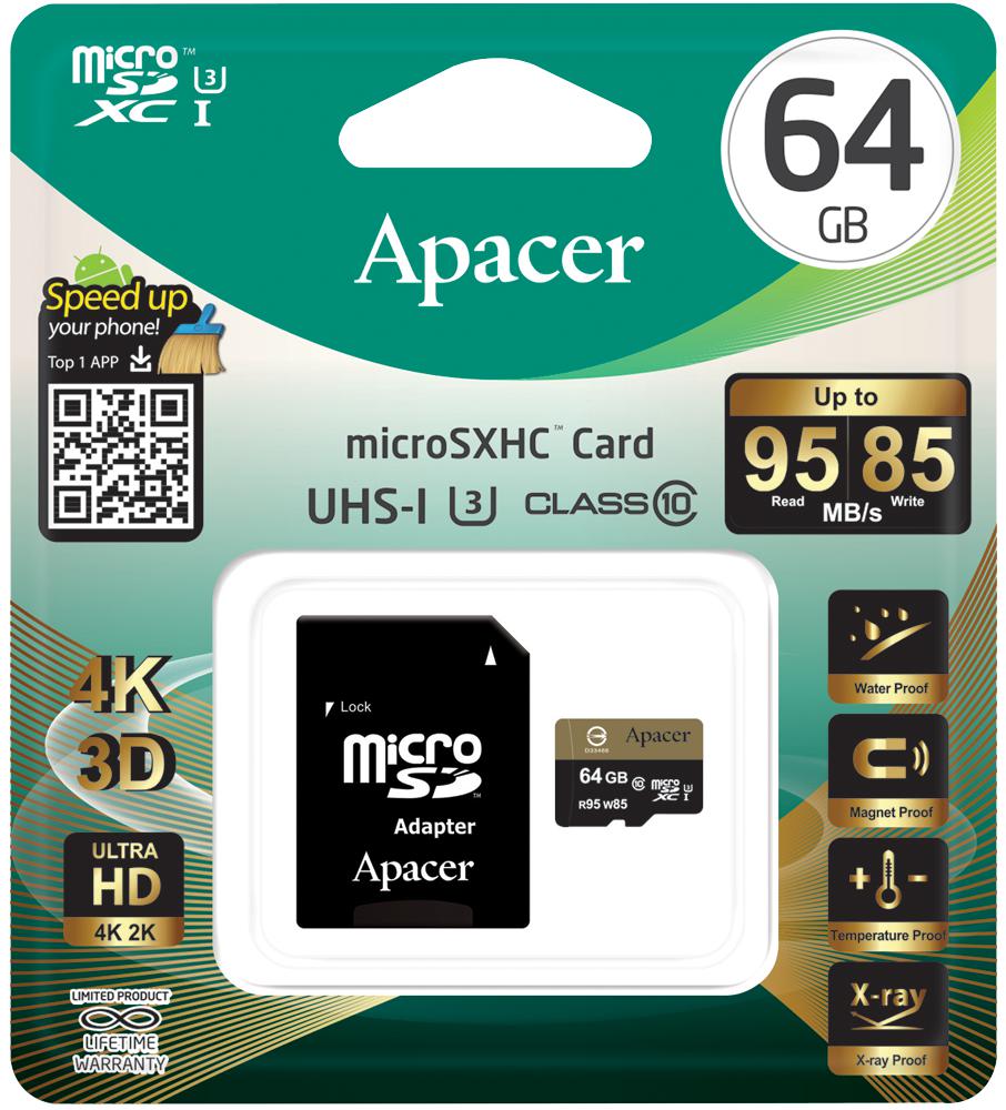 Карта пам'яті APACER microSDXC 64GB UHS-I U3 Class 10 + SD-adapter (AP64GMCSX10U4-R) в Києві