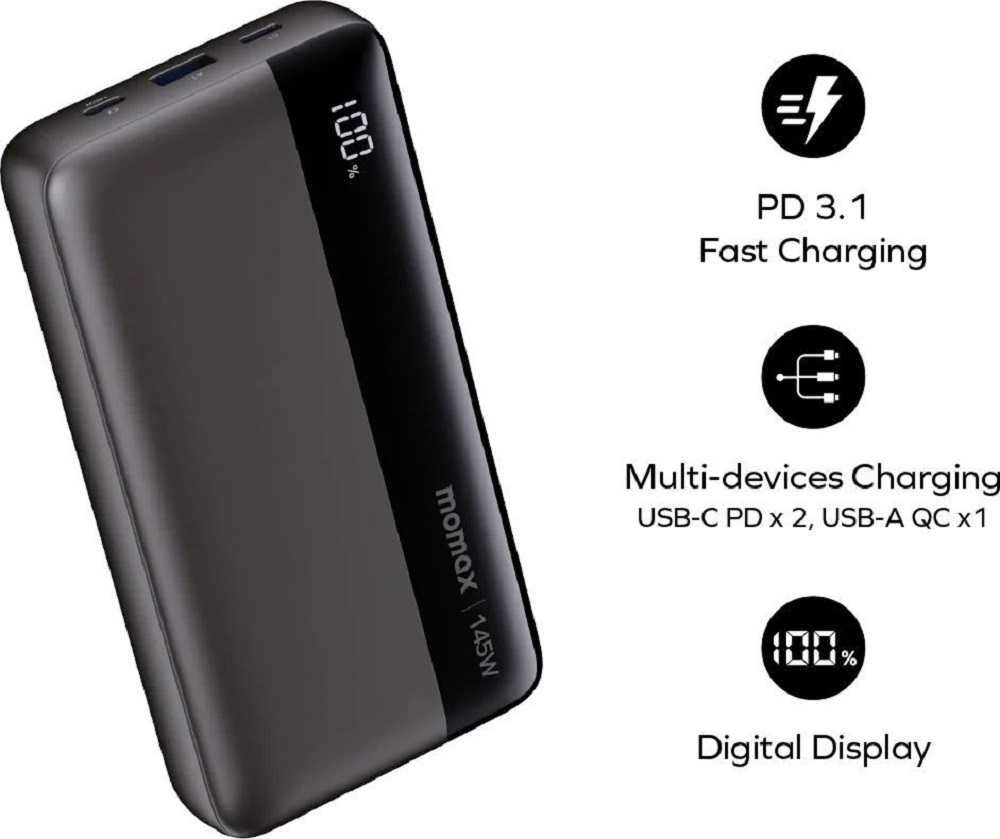 Батарея мобільна MOMAX 1-Power Ultra 25000mAh 145W Black (IP150D) · 2